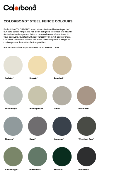COLORBOND steel Fence Colours COLORBOND steel Fence Colours